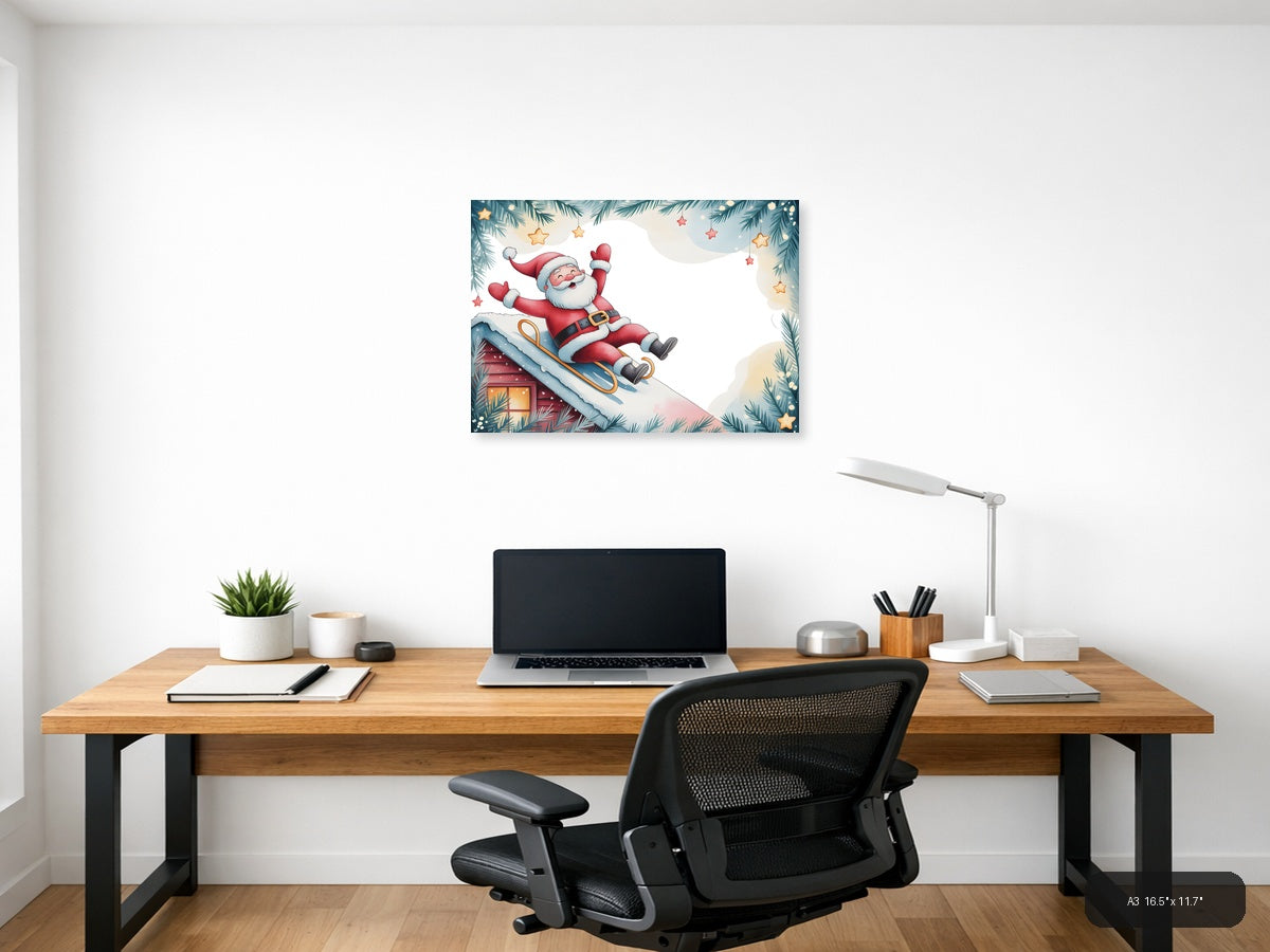 Santa Sledding Watercolor Christmas Wall Art — A3 / Office