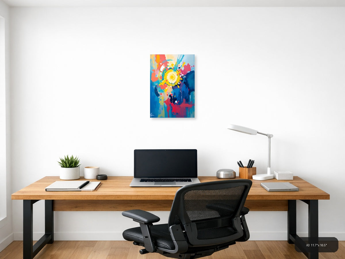 Vibrant Abstract Gear Head Burst Yellow Wall Art — A3 / Office