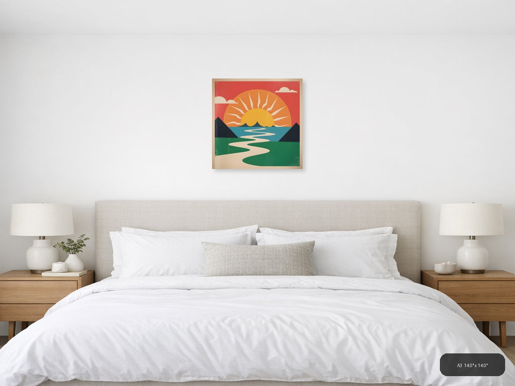 Vintage Sunset Landscape with River - Retro Wall Art — A3 / Bedroom