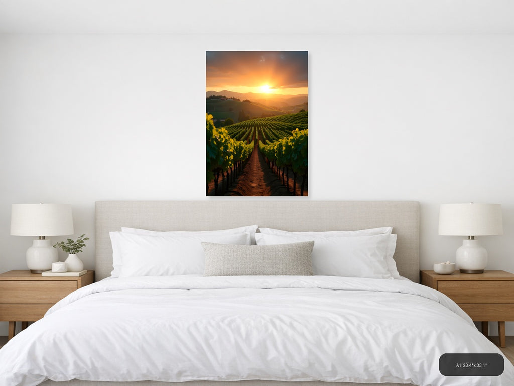 Golden Sunset Over Vineyard Rows Photography Wall Art — A1 / Bedroom