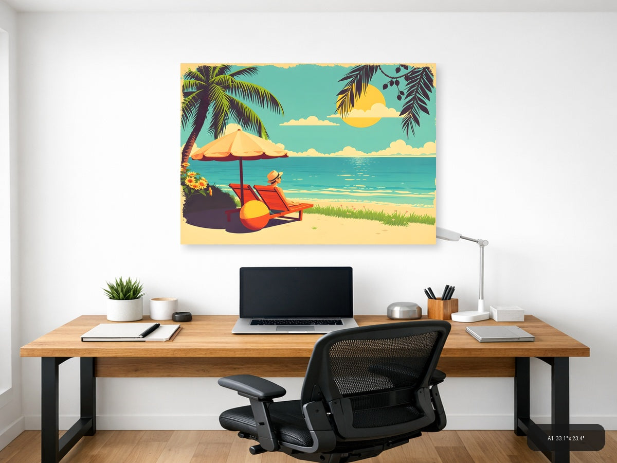 Vintage Beach Vacation Scene with Umbrella Wall Art — A1 / Office