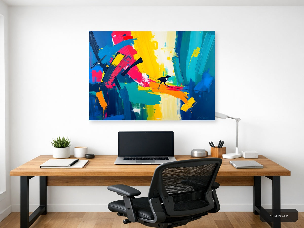 Colorful Abstract Bird on Rainbow Brushstrokes Wall Art — A1 / Office