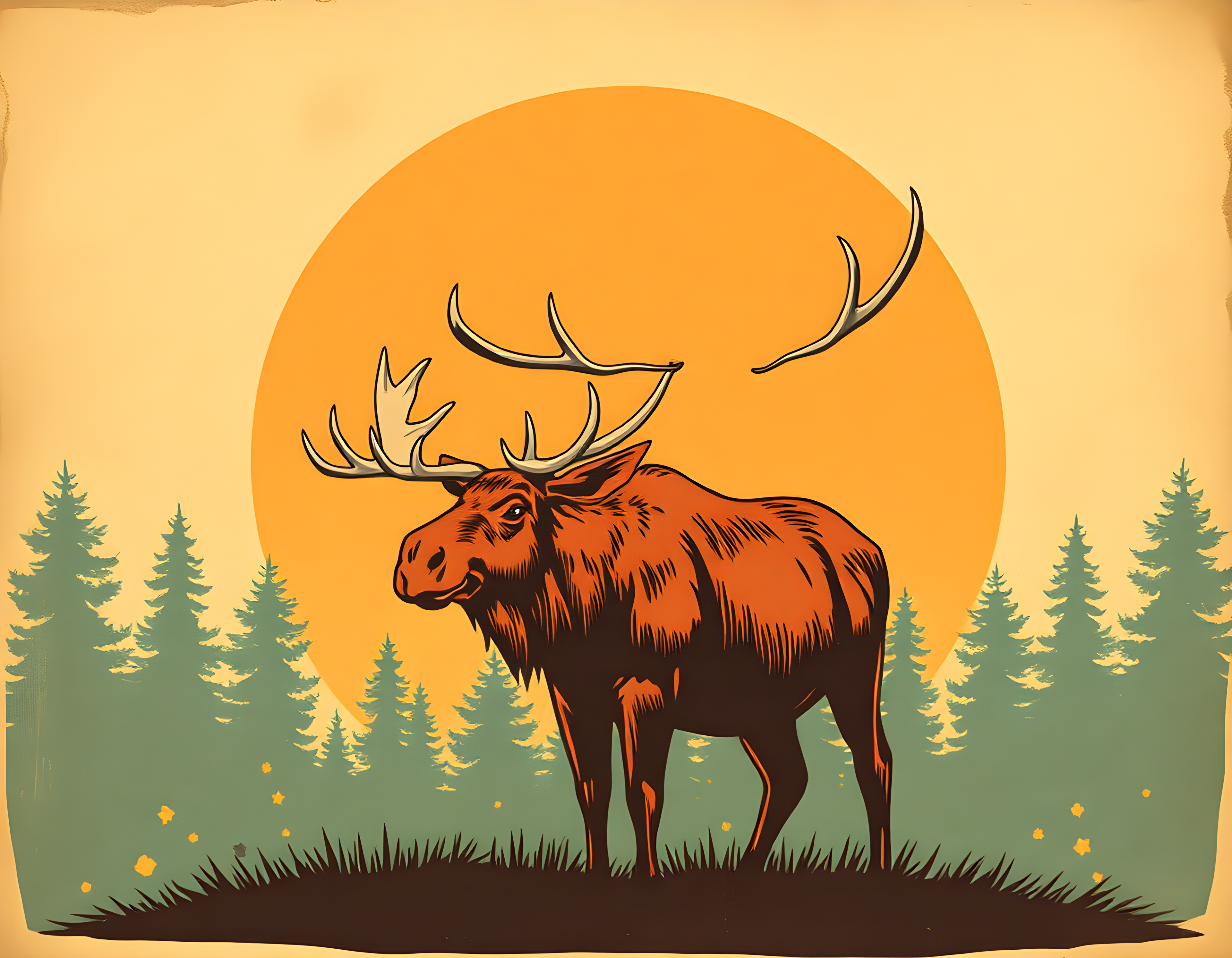 Vintage Moose Sunset Forest Silhouette Wall Art