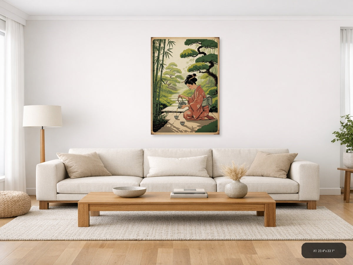 Vintage Asian Woman Pouring Tea in Garden Wall Art — A1 / Living Room