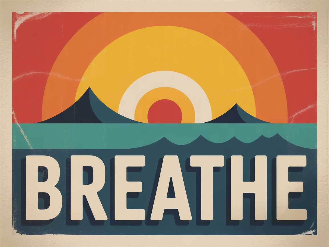 Vintage Sunset Ocean Landscape with Breathe Typography Wall Art