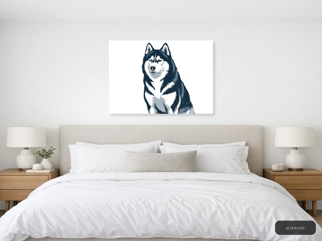 Husky Portrait Minimalist Black and White Wall Art — A2 / Bedroom