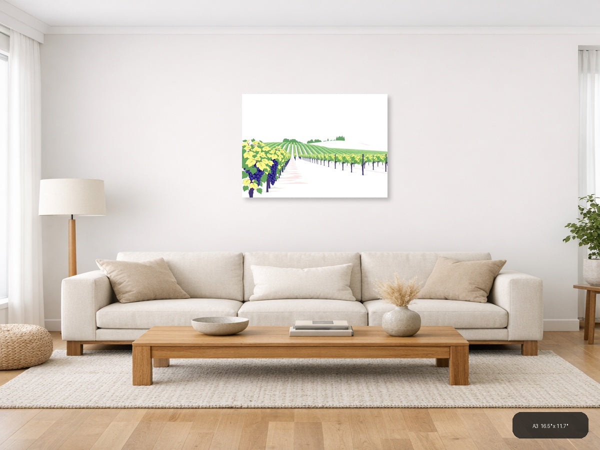 Minimalist Vineyard Landscape with Purple Grapes Wall Art — A3 / Living Room