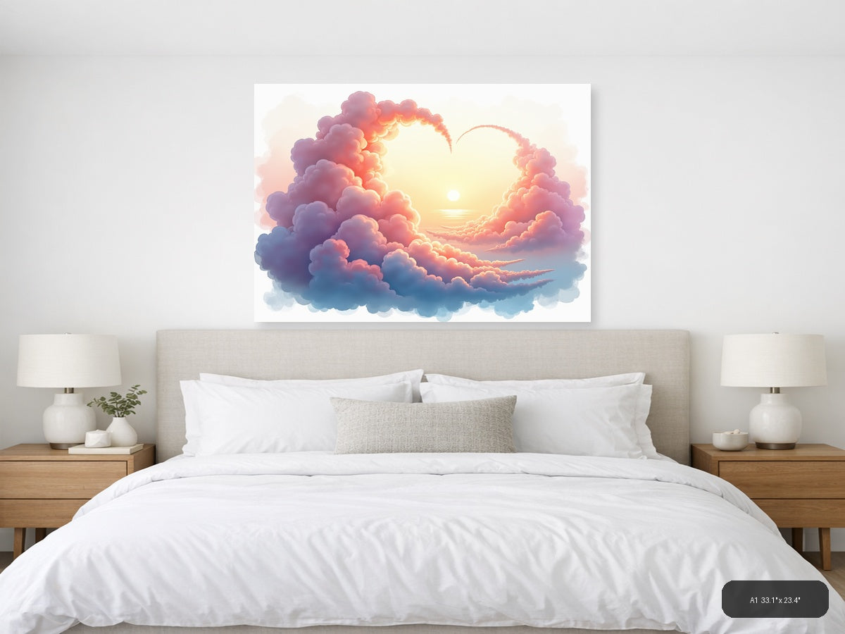 Sunset Heart Clouds Watercolor Landscape Wall Art — A1 / Bedroom