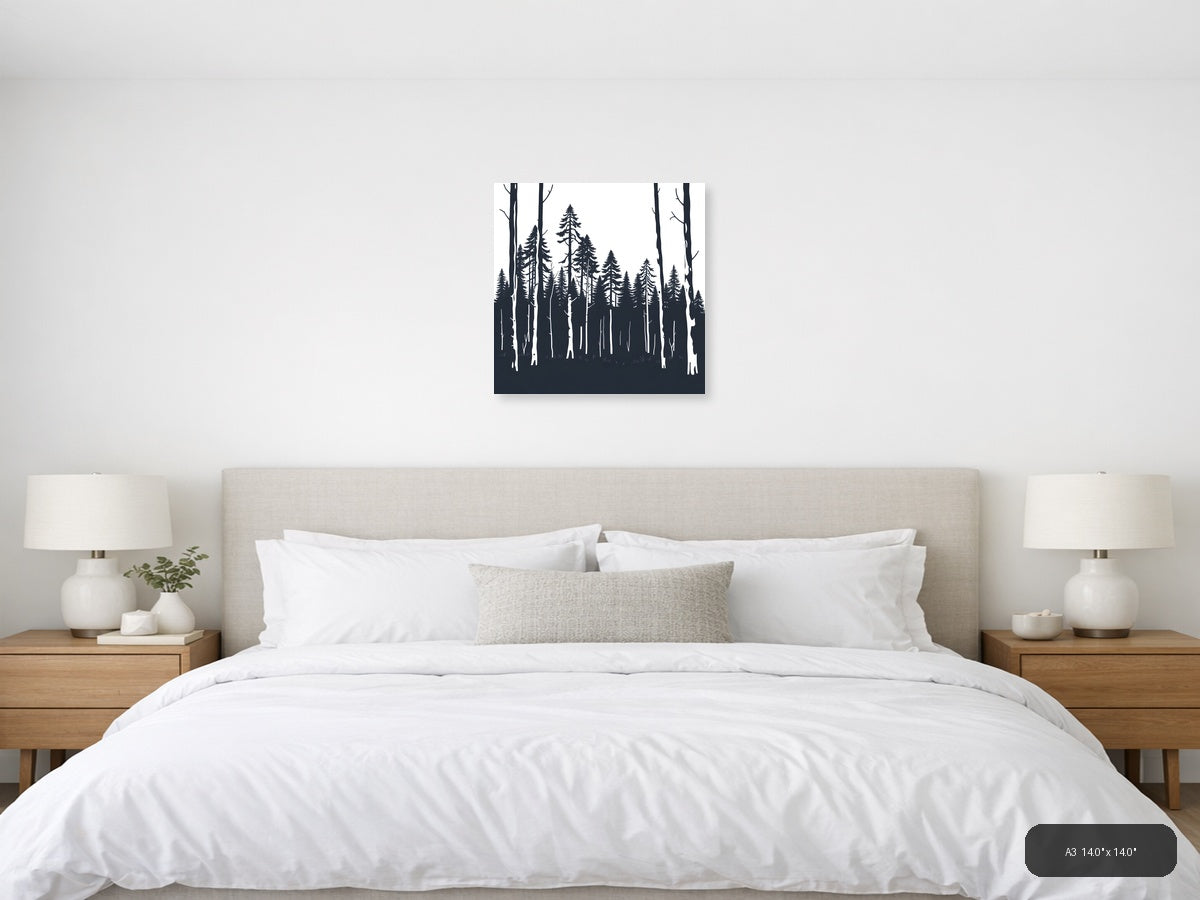 Minimalist Forest Silhouette Black and White Wall Art — A3 / Bedroom