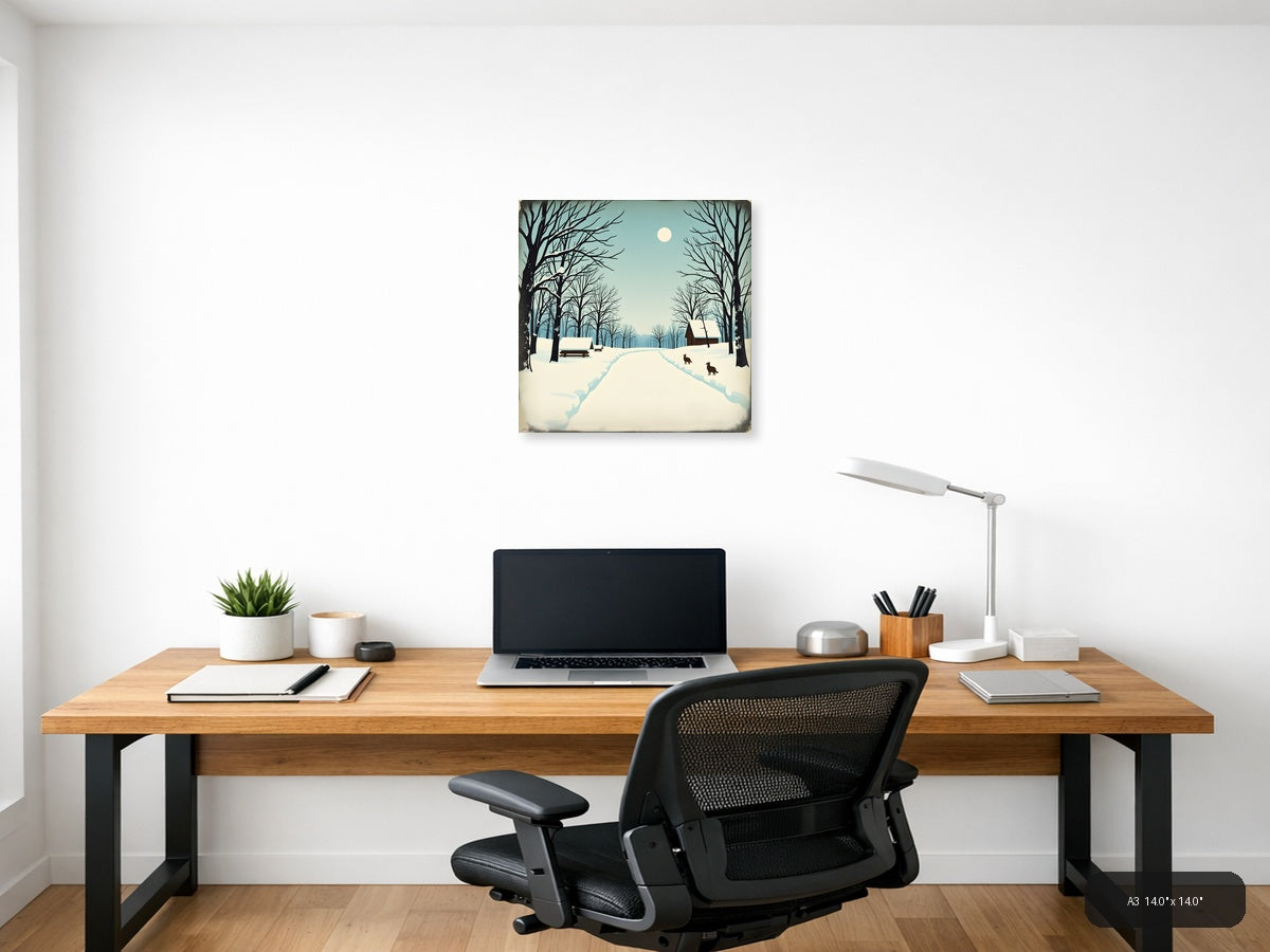 Vintage Winter Landscape with Cabin and Moon Wall Art — A3 / Office