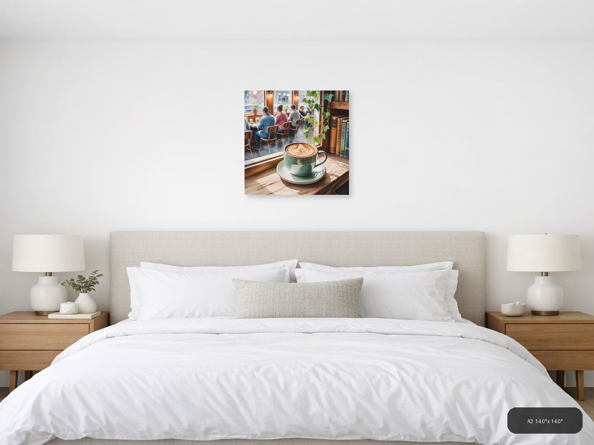 Cozy Café Latte Watercolor Window Scene Wall Art — A3 / Bedroom