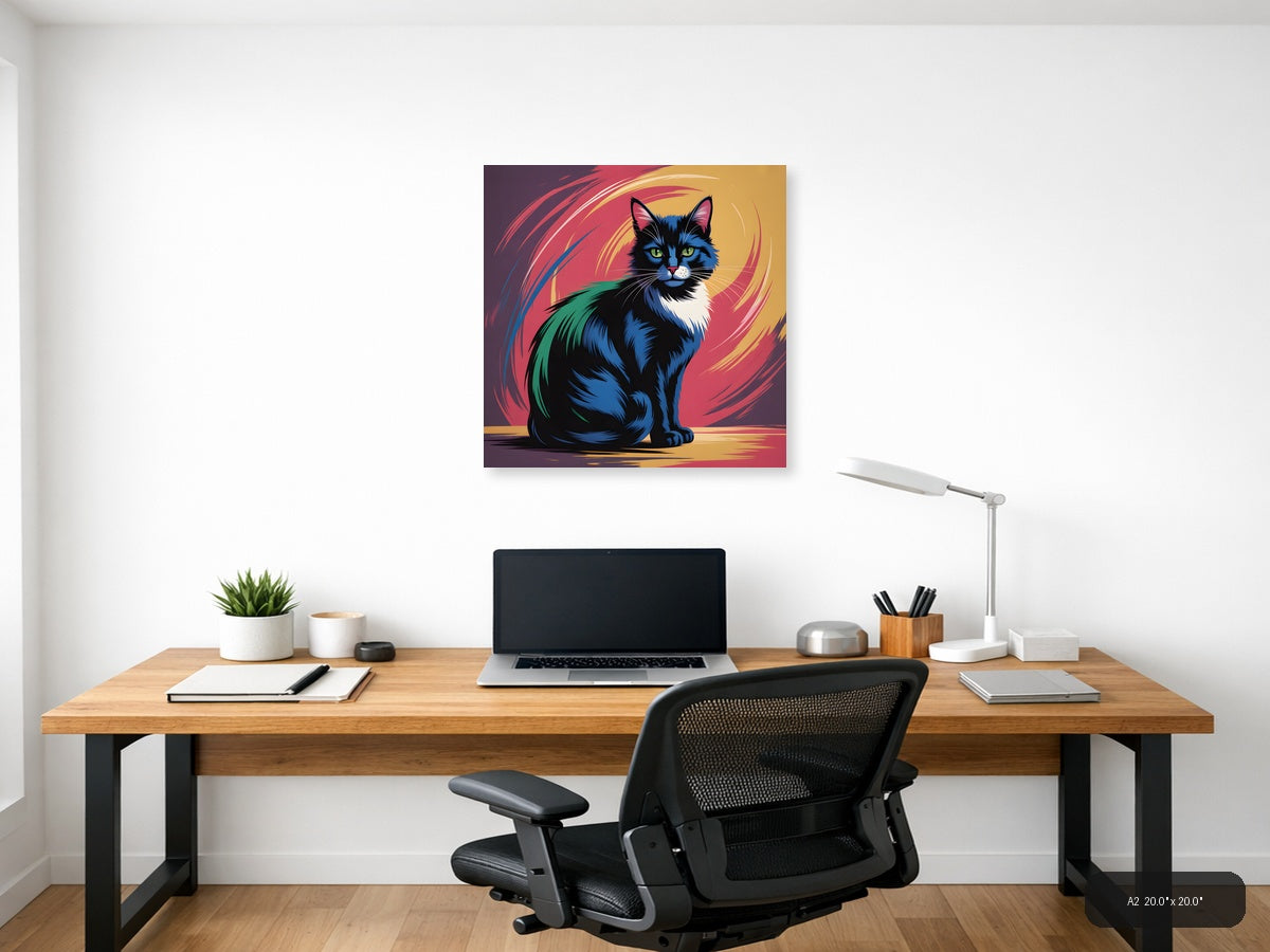 Colorful Abstract Cat Portrait with Green Eyes Wall Art — A2 / Office