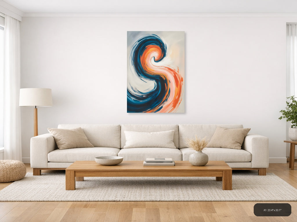 Blue and Orange Abstract Swirl Modern Wall Art — A1 / Living Room