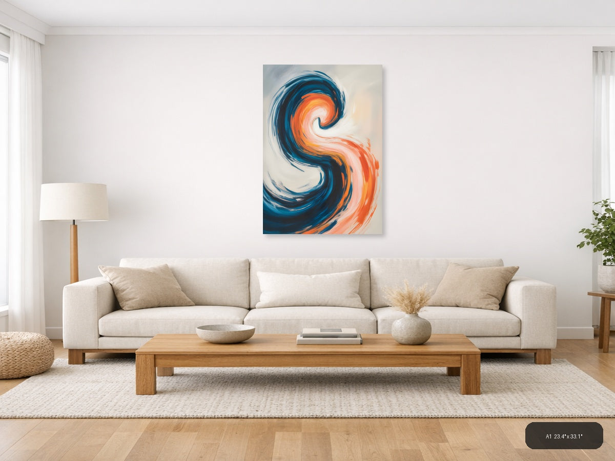 Blue and Orange Abstract Swirl Modern Wall Art — A1 / Living Room