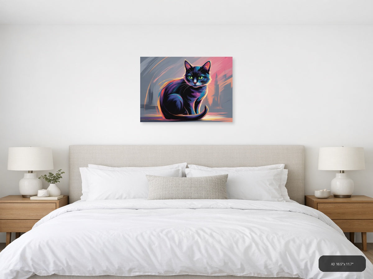 Neon Cat Abstract Glow Modern Wall Art — A3 / Bedroom