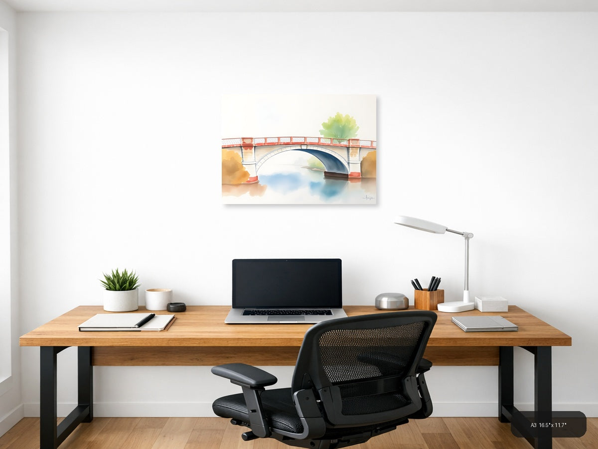 Watercolor Bridge Over Calm Water - Landscape Wall Art — A3 / Office