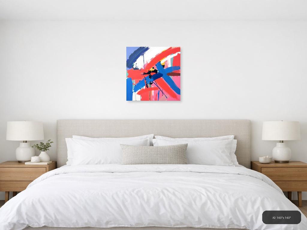 Bold Abstract Brushstrokes Red Blue Modern Wall Art — A3 / Bedroom