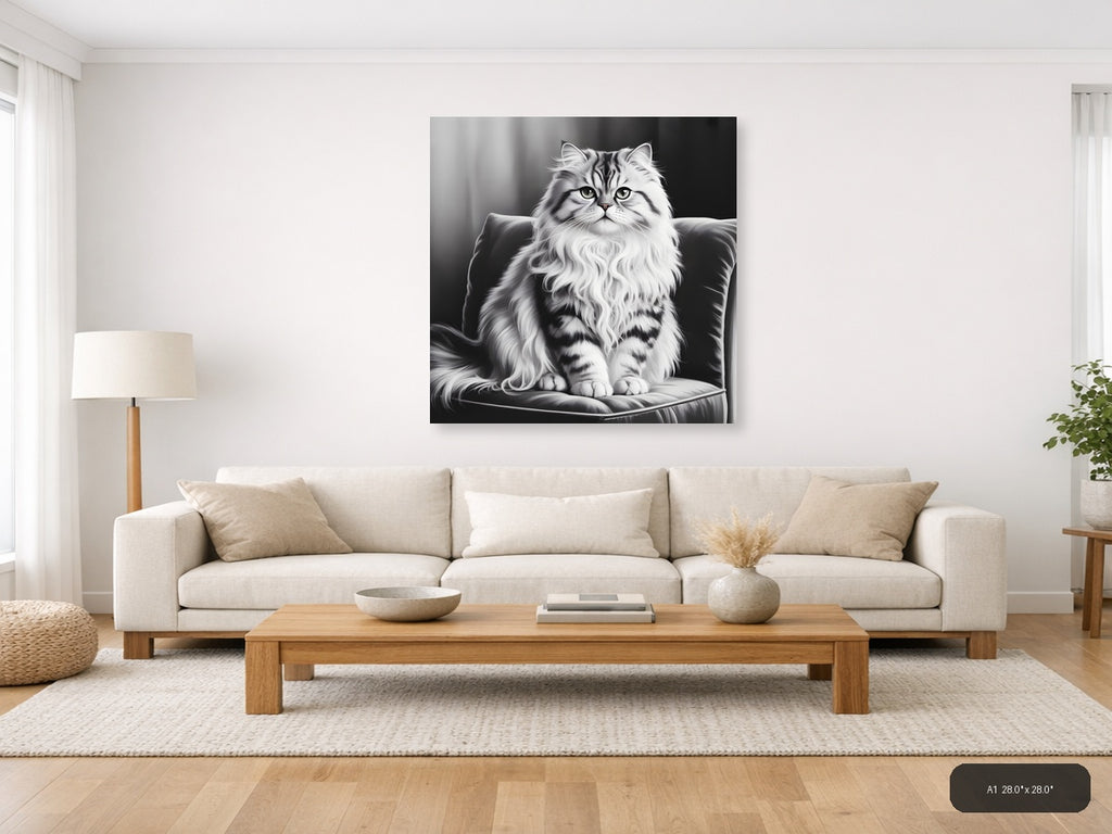 Majestic Fluffy Cat Portrait Black and White Wall Art — A1 / Living Room