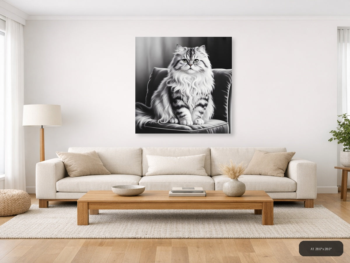 Majestic Fluffy Cat Portrait Black and White Wall Art — A1 / Living Room