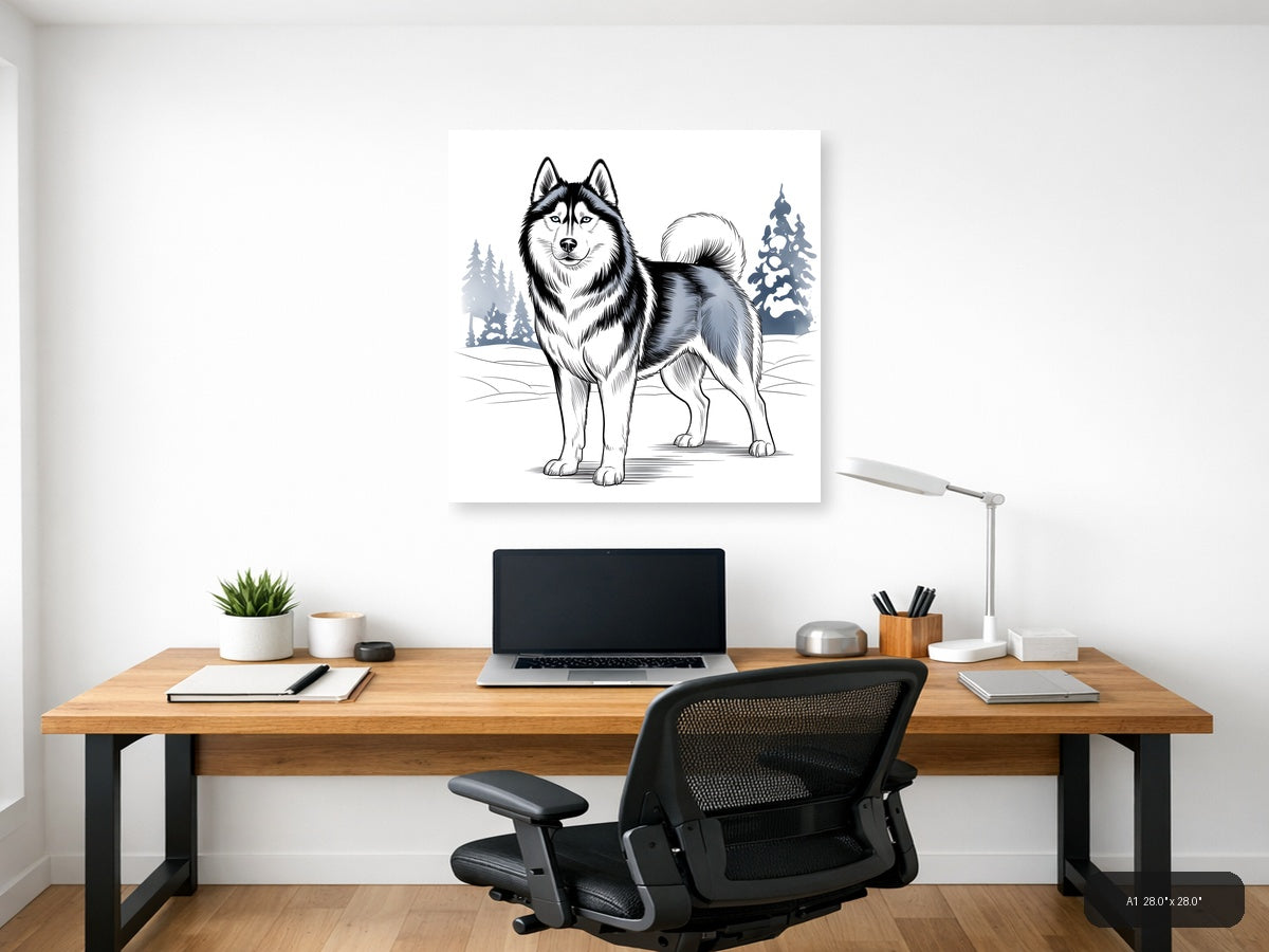 Husky Winter Line Art Portrait Wall Art — A1 / Office