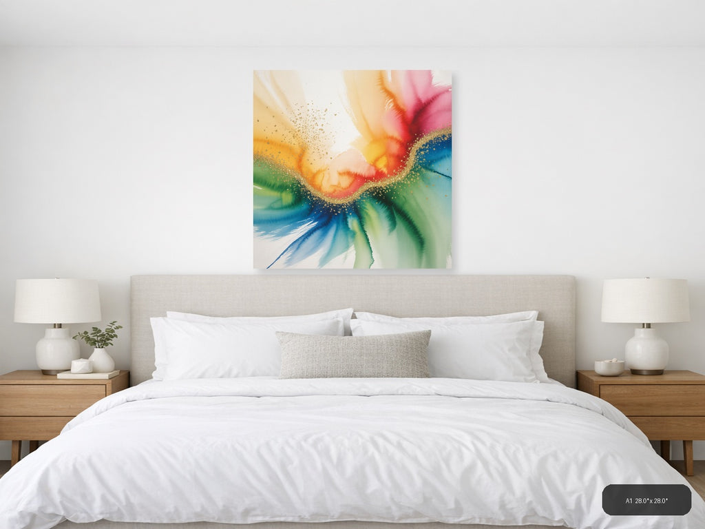 Rainbow Watercolor Flower with Gold Sparkle Wall Art — A1 / Bedroom