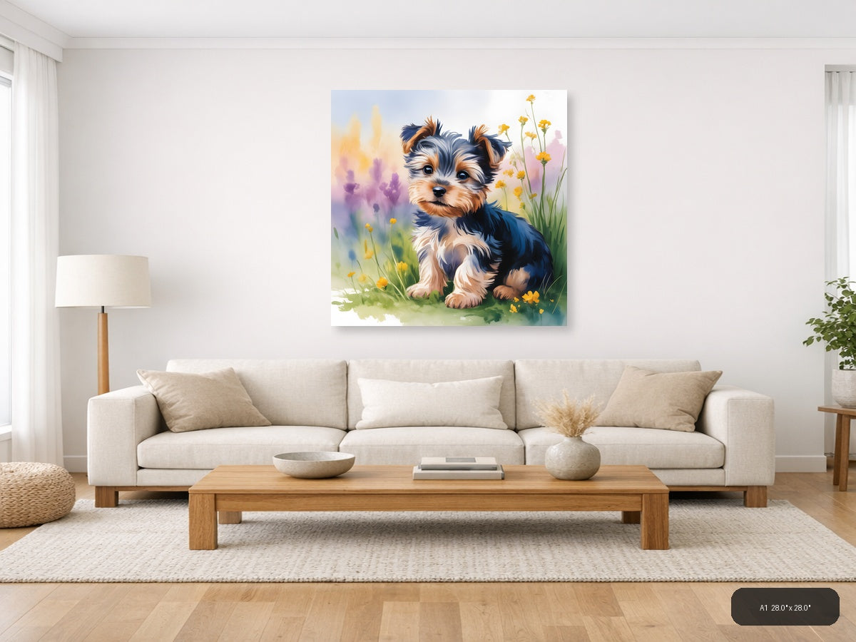 Adorable Puppy with Yellow Flowers Watercolor Wall Art — A1 / Living Room