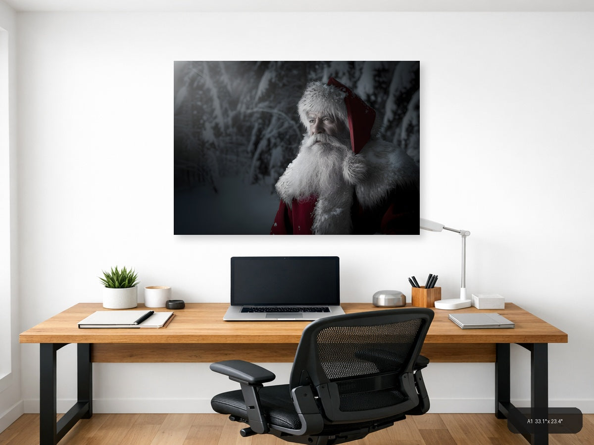 Santa in Snowy Forest Portrait Photography Wall Art — A1 / Office