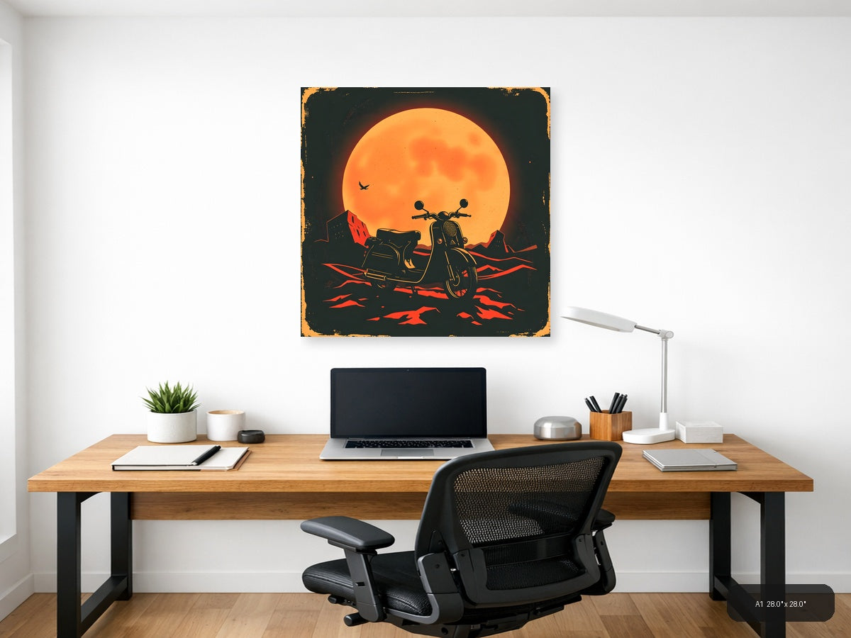 Vintage Motorcycle Sidecar Moon Silhouette Wall Art — A1 / Office