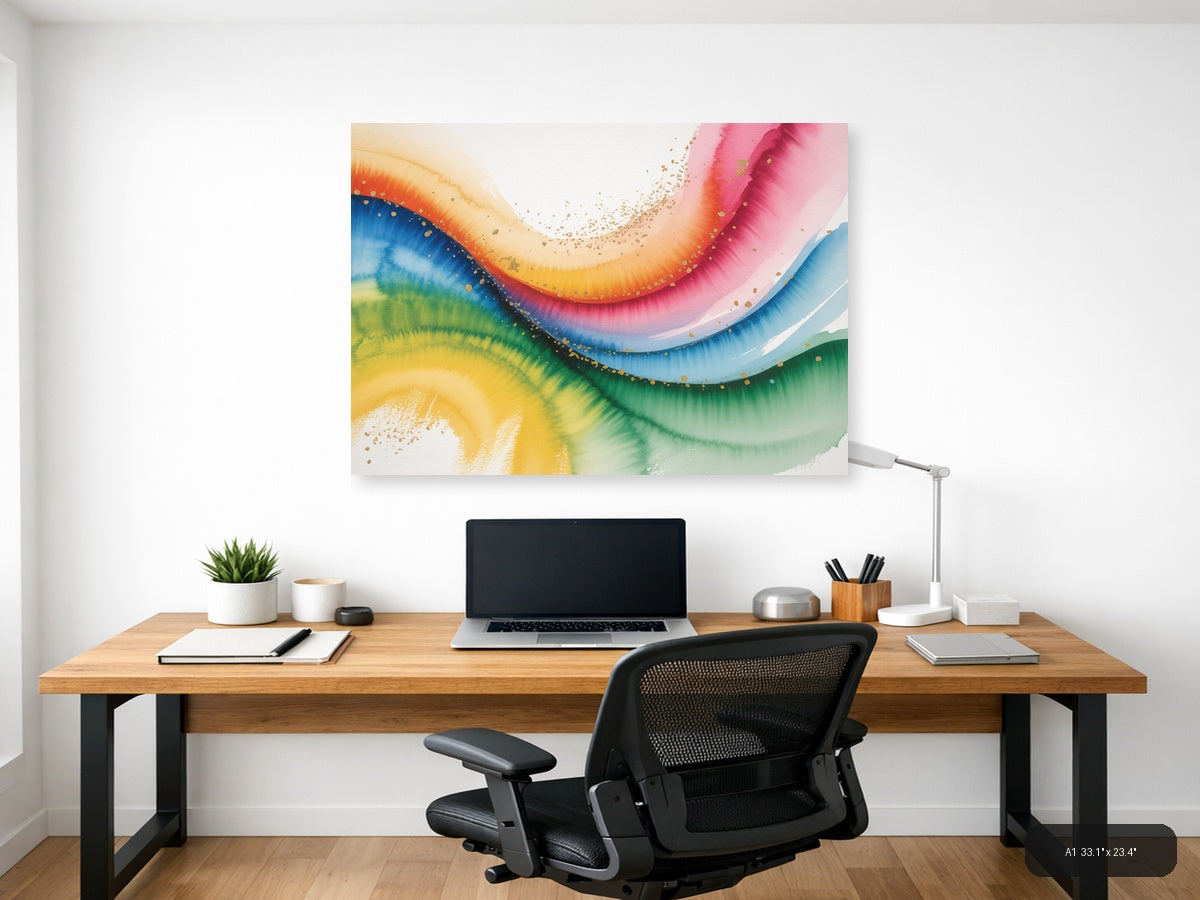 Rainbow Watercolor Flow Gold Splatter Wall Art — A1 / Office