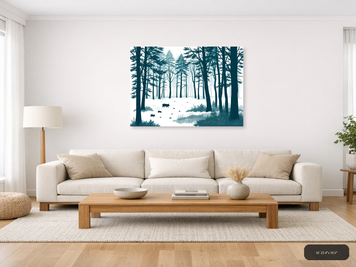 Minimalist Winter Forest with Wild Boars Wall Art — A2 / Living Room