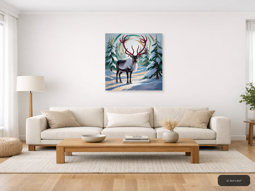 Majestic Reindeer with Swirling Aurora Winter Wall Art — A2 / Living Room