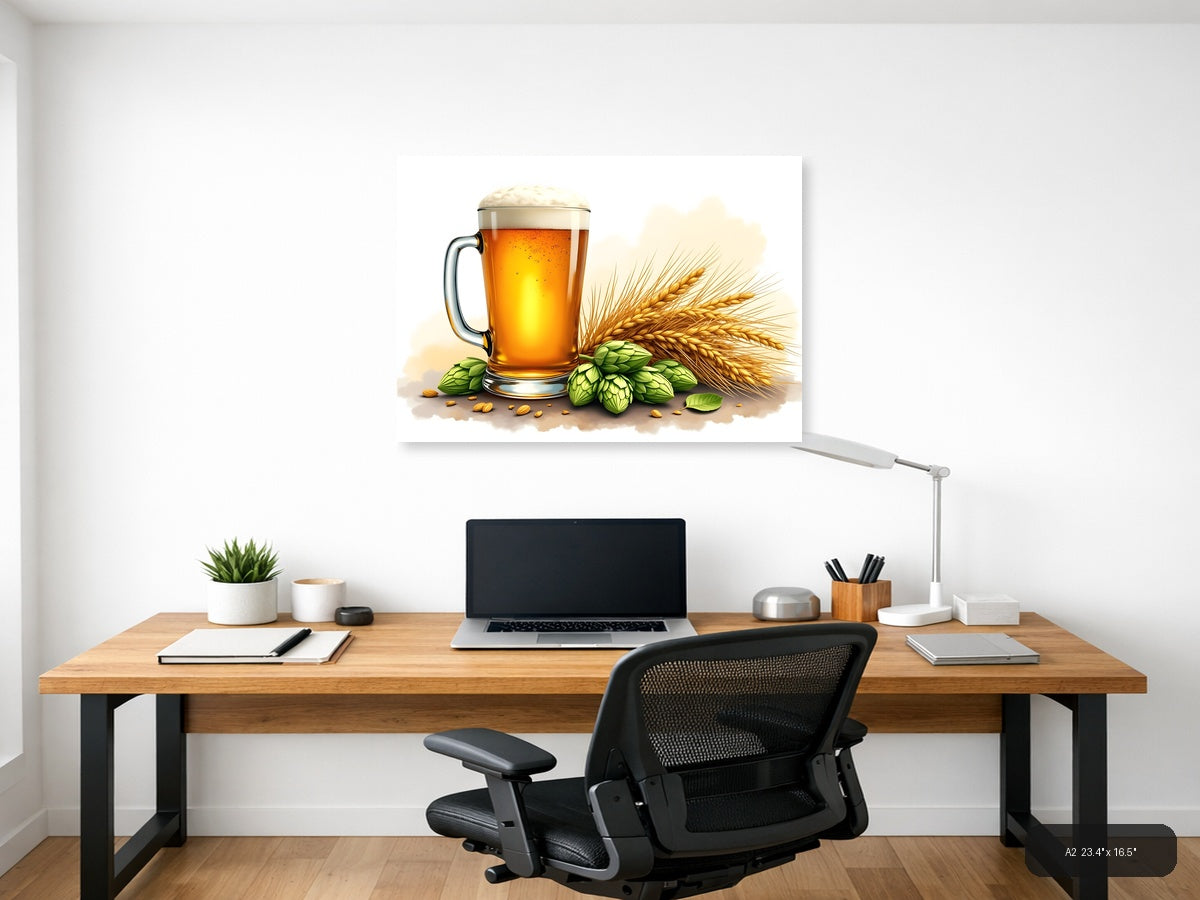 Beer, Hops & Barley Watercolor Illustration Wall Art — A2 / Office