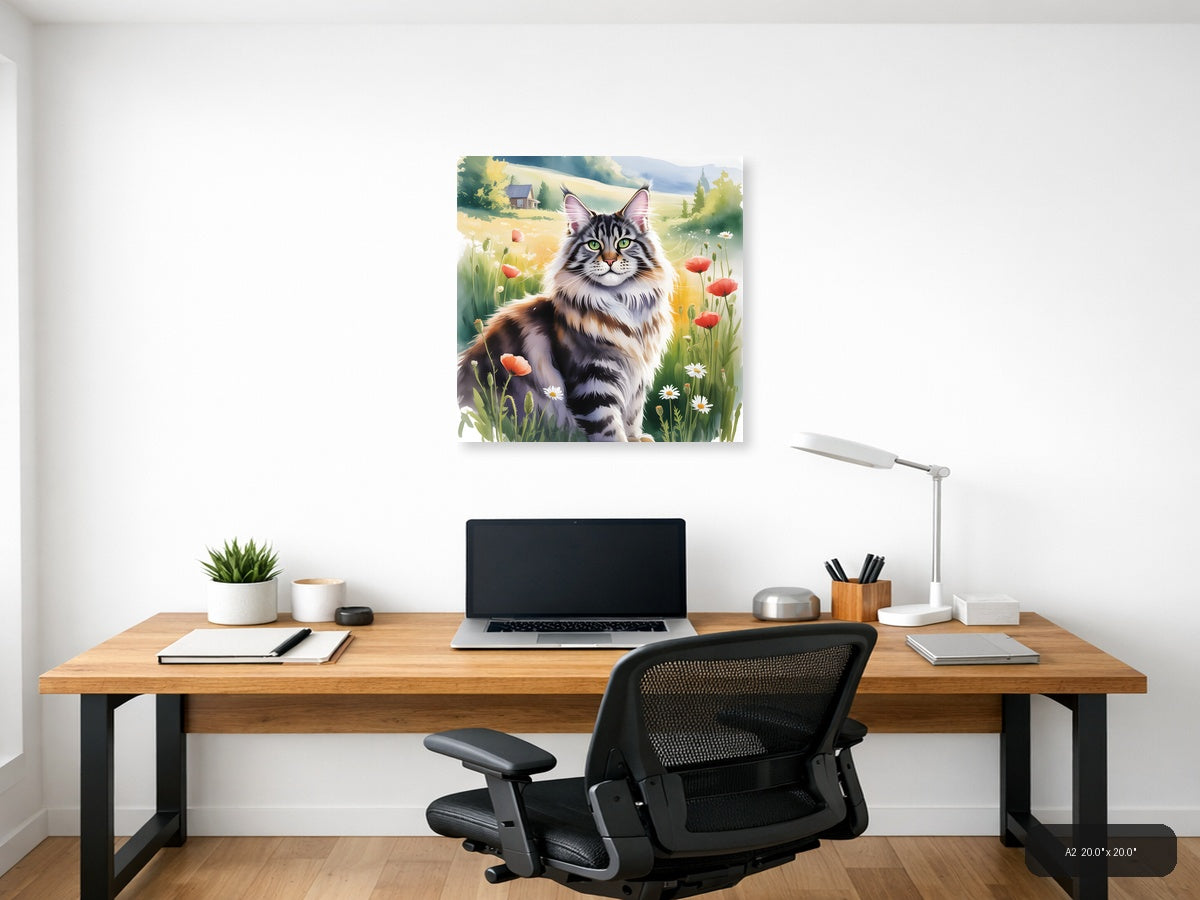 Fluffy Tabby Cat in Wildflower Meadow Watercolor Wall Art — A2 / Office