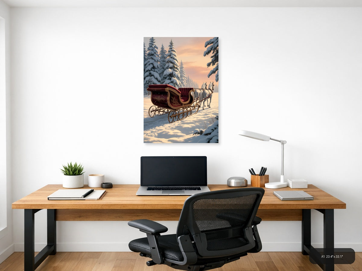 Vintage Winter Sleigh with White Horses Sunset Wall Art — A1 / Office