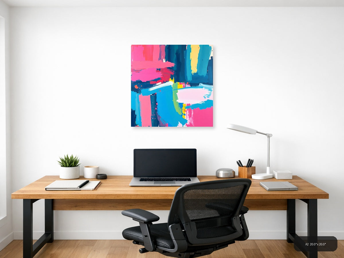 Vibrant Abstract Brushstrokes Cyan Pink Yellow Wall Art — A2 / Office