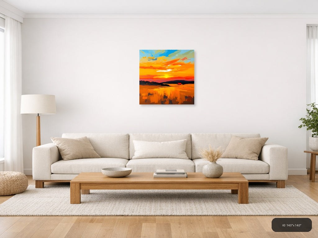 Abstract Sunset Landscape with Red Barn Wall Art — A3 / Living Room