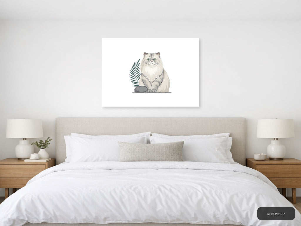 Fluffy White Cat with Plant Minimalist Wall Art — A2 / Bedroom