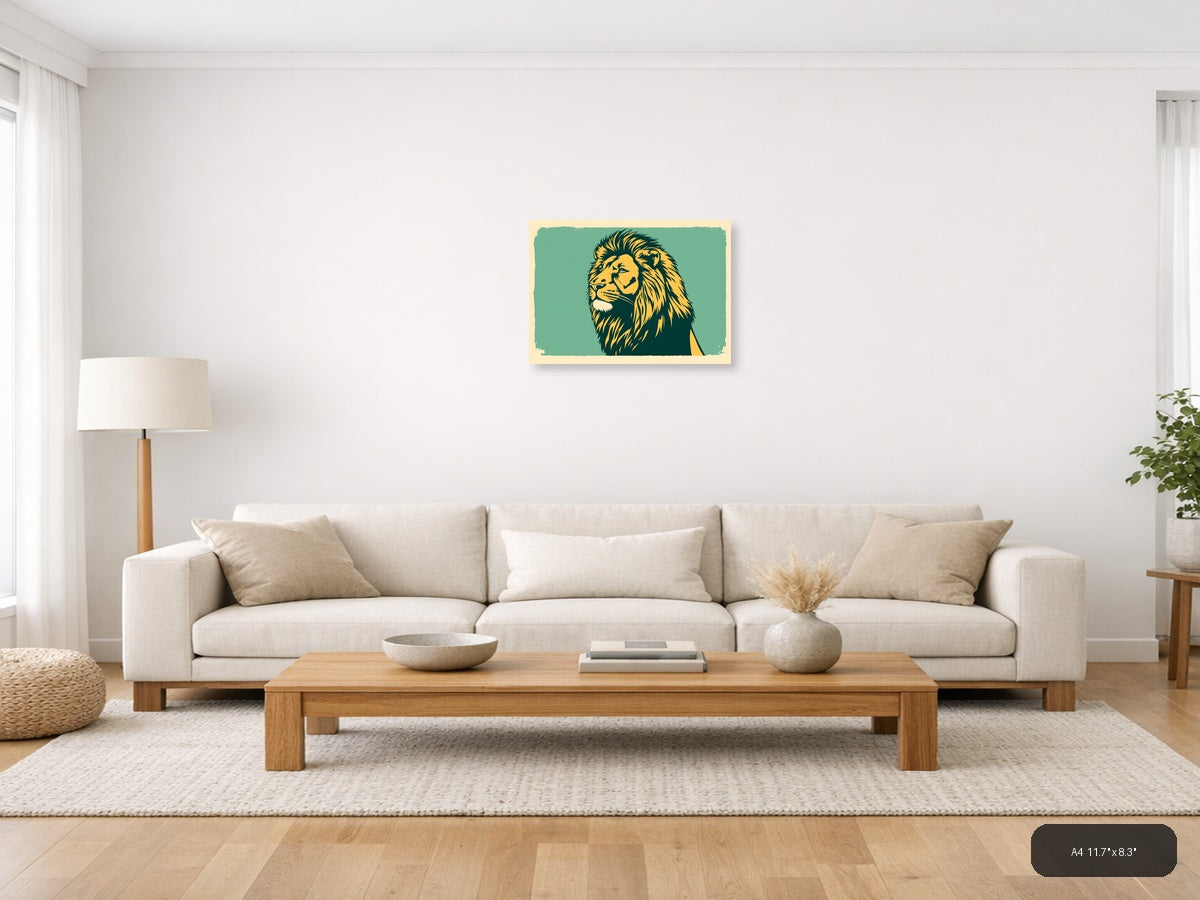 Vintage Lion Head Portrait Teal & Gold Wall Art — A4 / Living Room