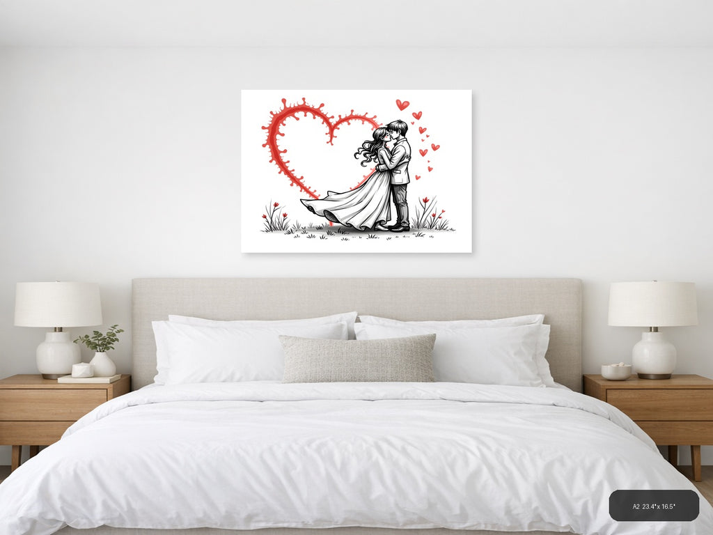 Couple Kissing Red Heart Line Art Wall Art — A2 / Bedroom