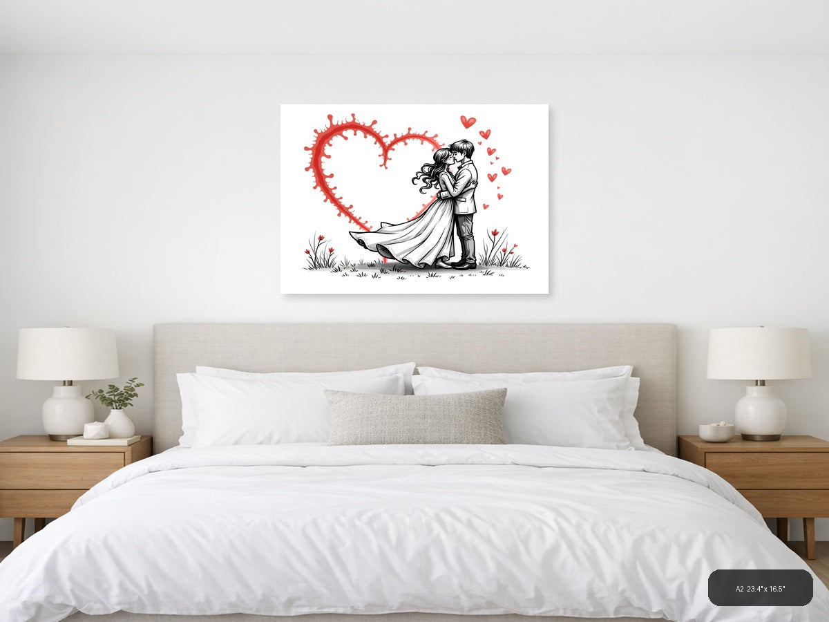 Couple Kissing Red Heart Line Art Wall Art — A2 / Bedroom