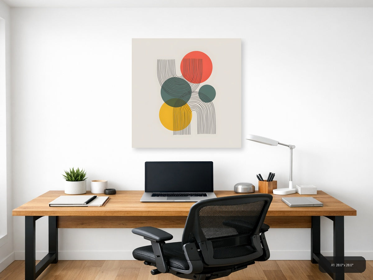 Abstract Geometric Line Art with Colourful Circles Wall Art — A1 / Office