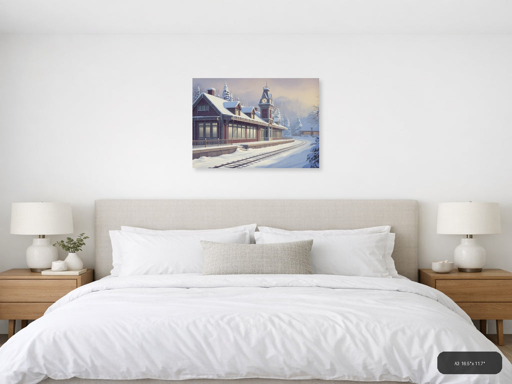 Vintage Snow-Covered Railway Station Clock Tower Wall Art — A3 / Bedroom