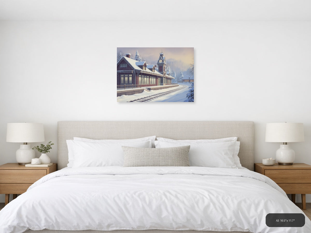 Vintage Snow-Covered Railway Station Clock Tower Wall Art — A3 / Bedroom