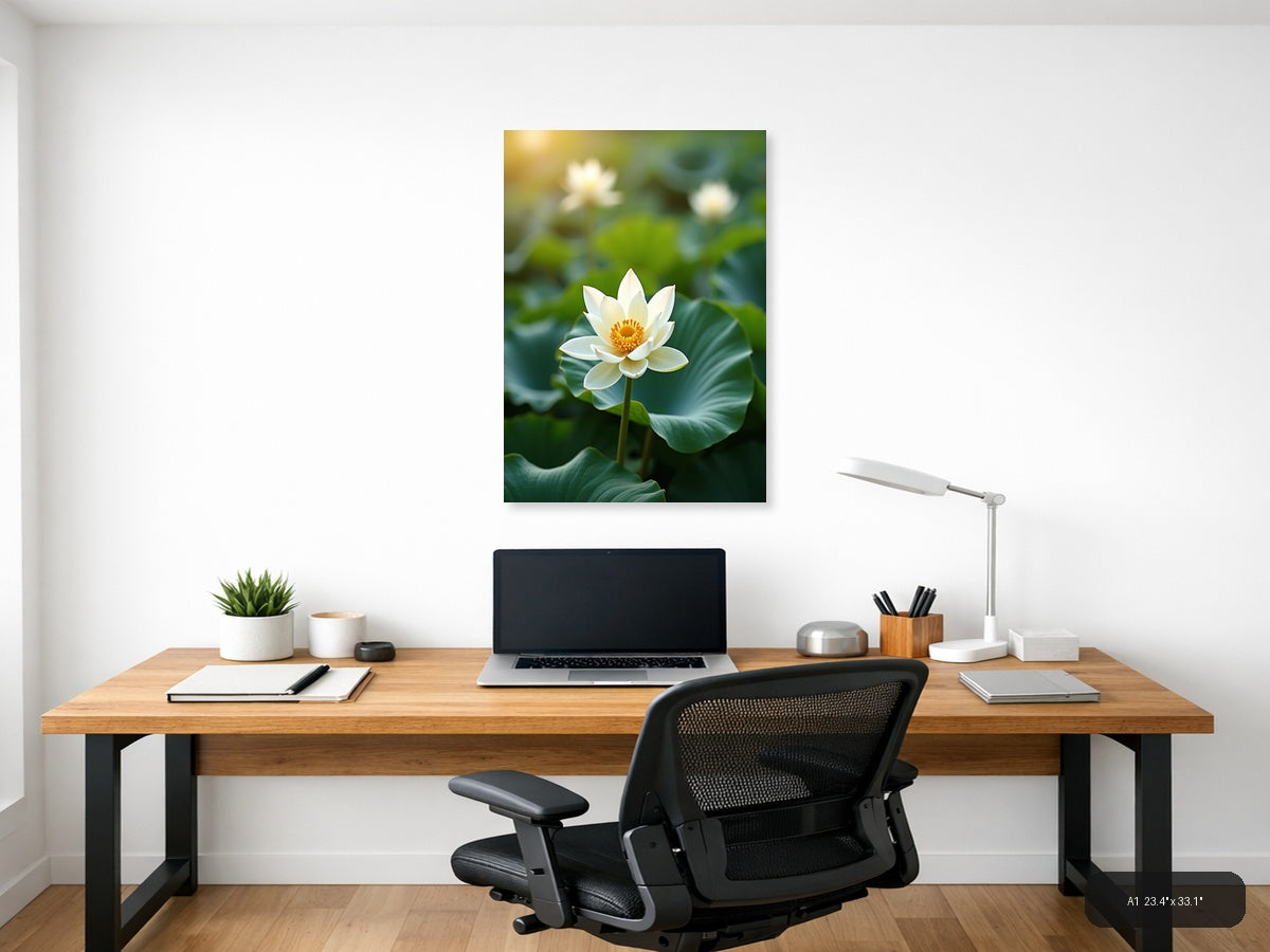 White Lotus Flower Botanical Portrait Wall Art — A1 / Office