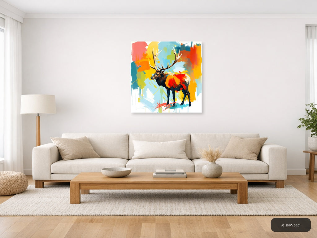 Colorful Abstract Deer with Antlers Wall Art — A2 / Living Room