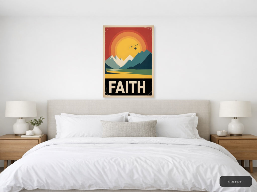 Vintage Faith Mountain Sunset Wall Art Print — A1 / Bedroom