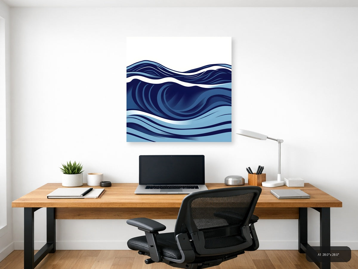 Abstract Ocean Waves Minimalist Blue Wall Art — A1 / Office