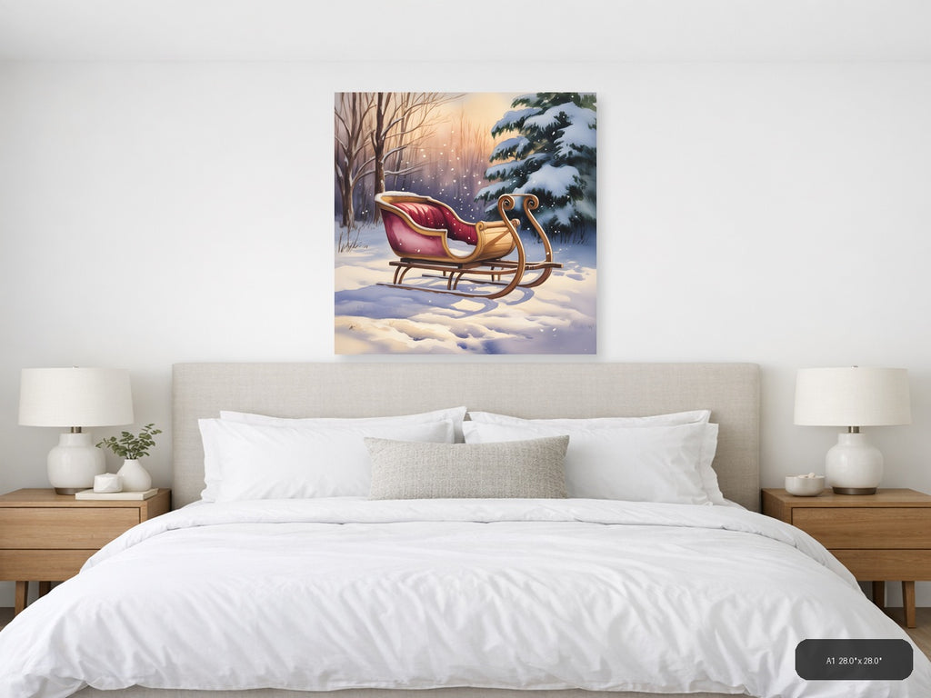 Santa's Sleigh Winter Forest Watercolor Wall Art — A1 / Bedroom