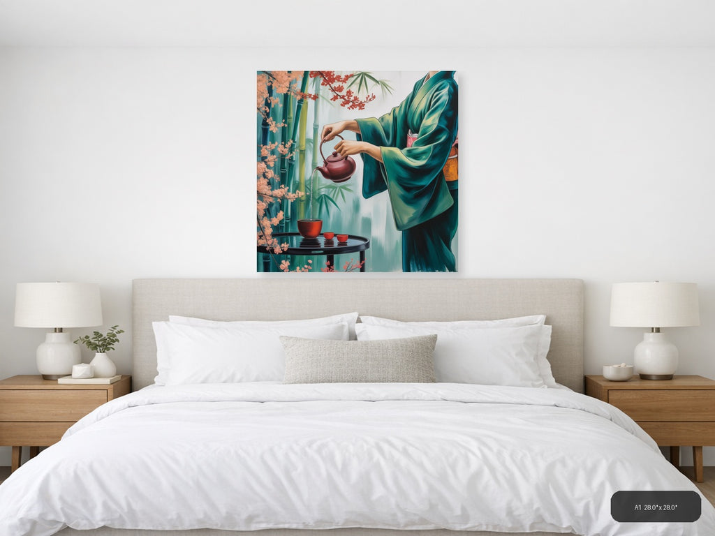 Asian Tea Ceremony Green Silk Teapot Wall Art — A1 / Bedroom