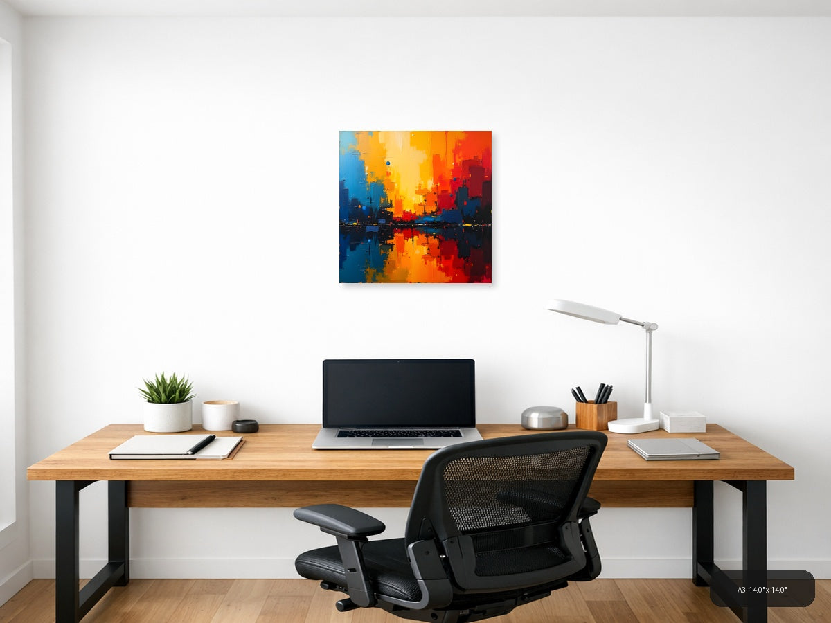 Abstract Cityscape Sunset Reflection Orange Blue Wall Art — A3 / Office